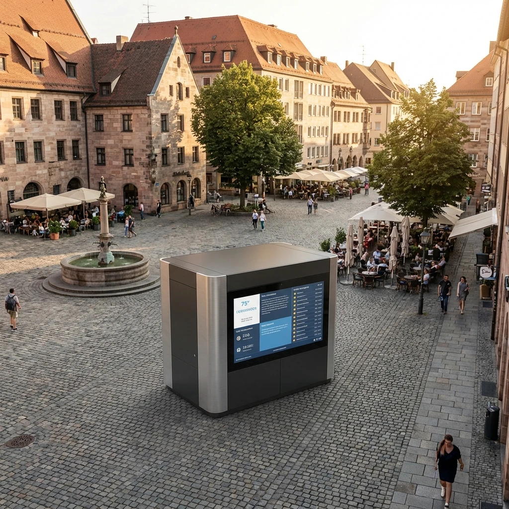 Smart Urban Hub auf einem europäischen Stadtplatz aus erhöhter Perspektive