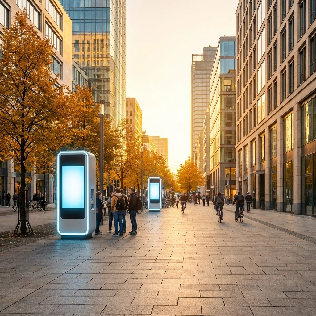 Europäischer Boulevard mit Smart Urban Hubs bei Sonnenuntergang