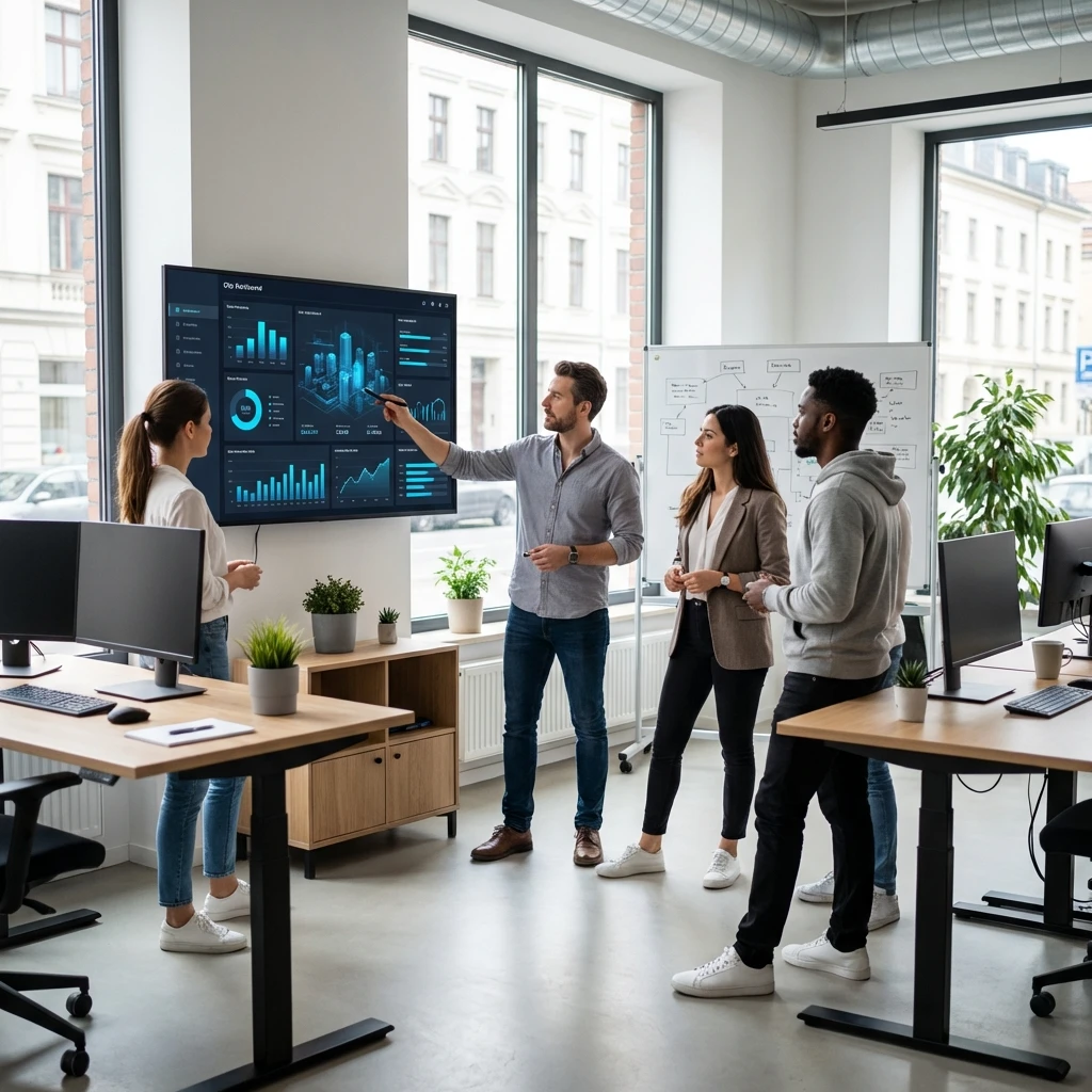 iCloo-Team bei der Zusammenarbeit am Dashboard im modernen Büro